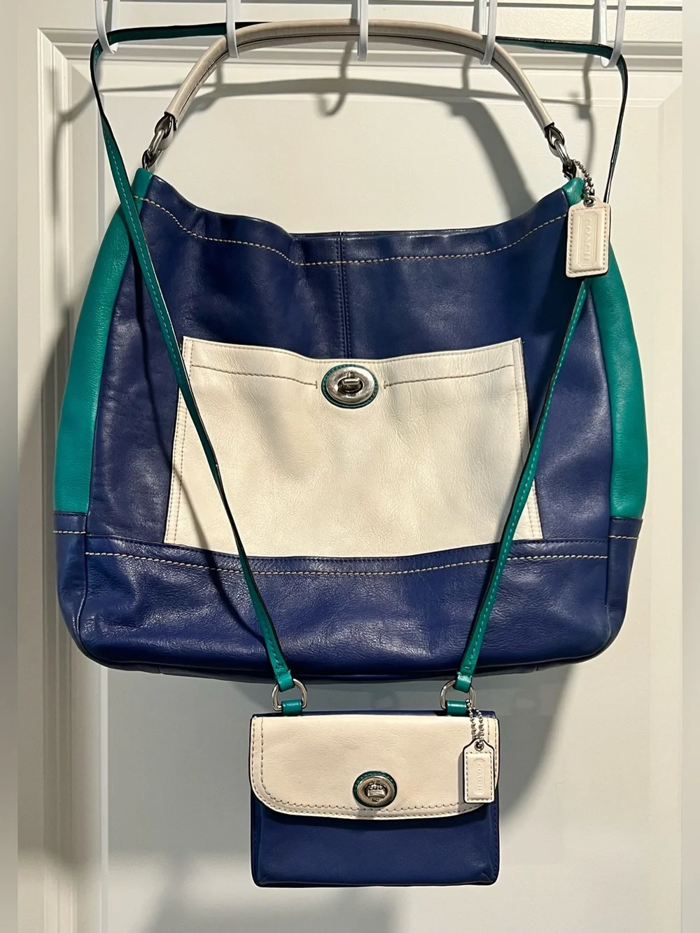 Coach Carrie Color block Leather Shoulder Bag with Matching Crossbody Wallet Set